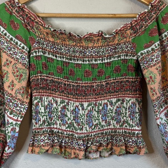 Zara Linen Floral Print Vintage Balloon Sleeve Peasant Blouse Cropped Top Sz SM - Picture 4 of 8